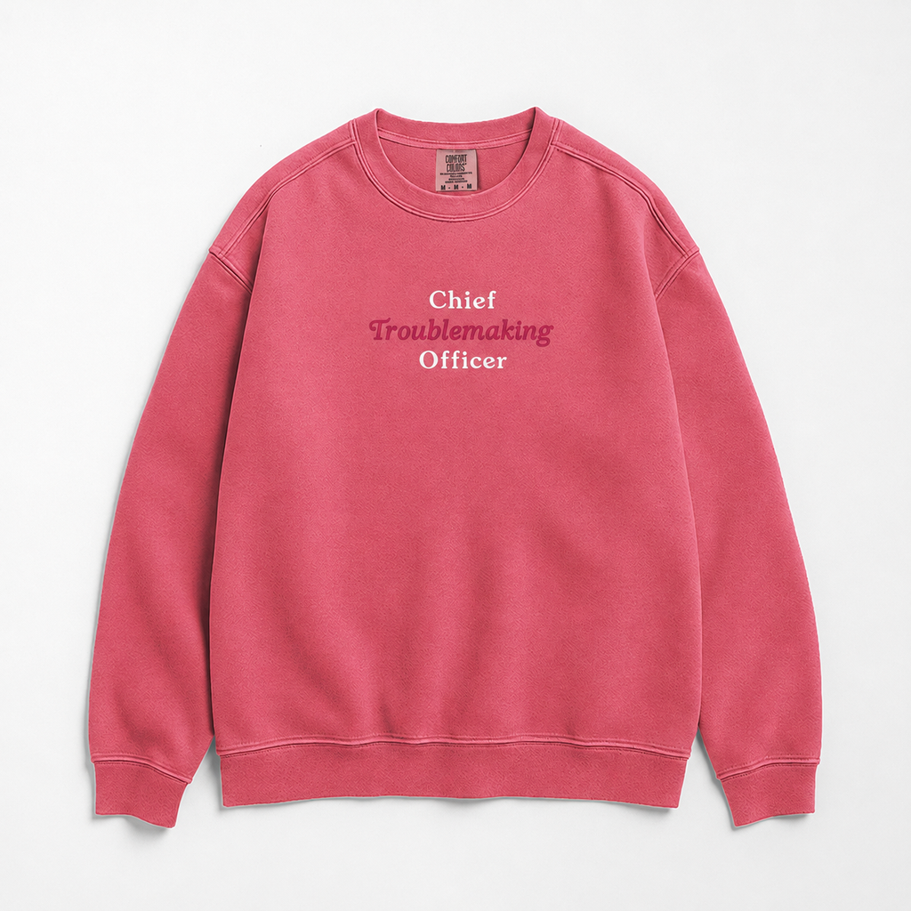 A pink crewneck sweatshirt with the text 'Chief Troublemaking Officer' printed on the chest in white and pink lettering, displayed flat against a light gray background.