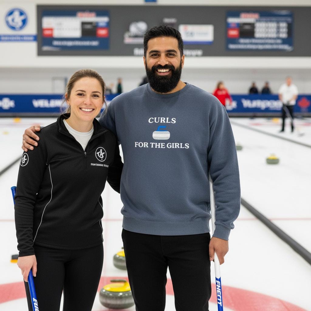 Two people on an indoor ice rink, one wearing a sweatshirt with 'Curls for the Girls' embroidered.
