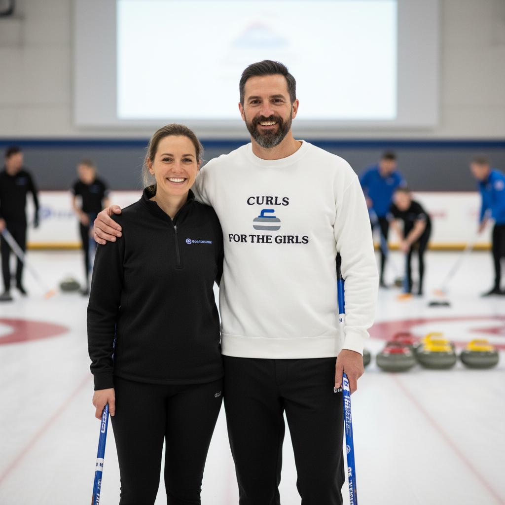 Two people on an indoor ice rink, one wearing a sweatshirt with 'Curls for the Girls' embroidered.