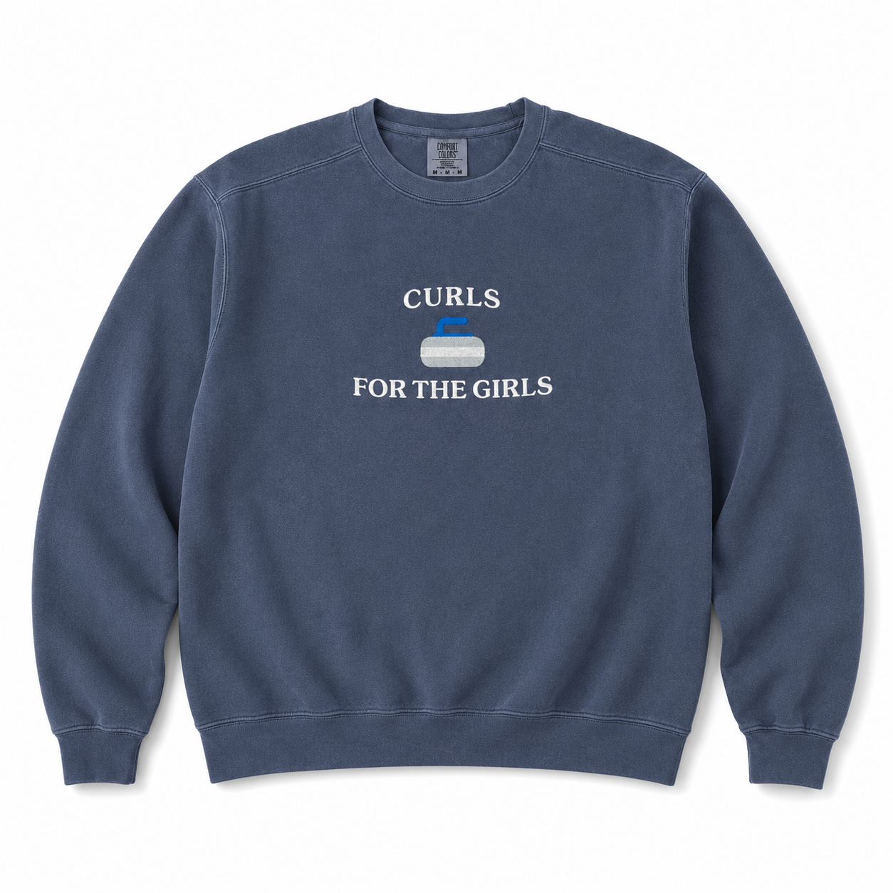 A navy blue crewneck sweatshirt featuring a white graphic embroidered on the chest that reads 'CURLS FOR THE GIRLS' with a curling stone illustration in the center.