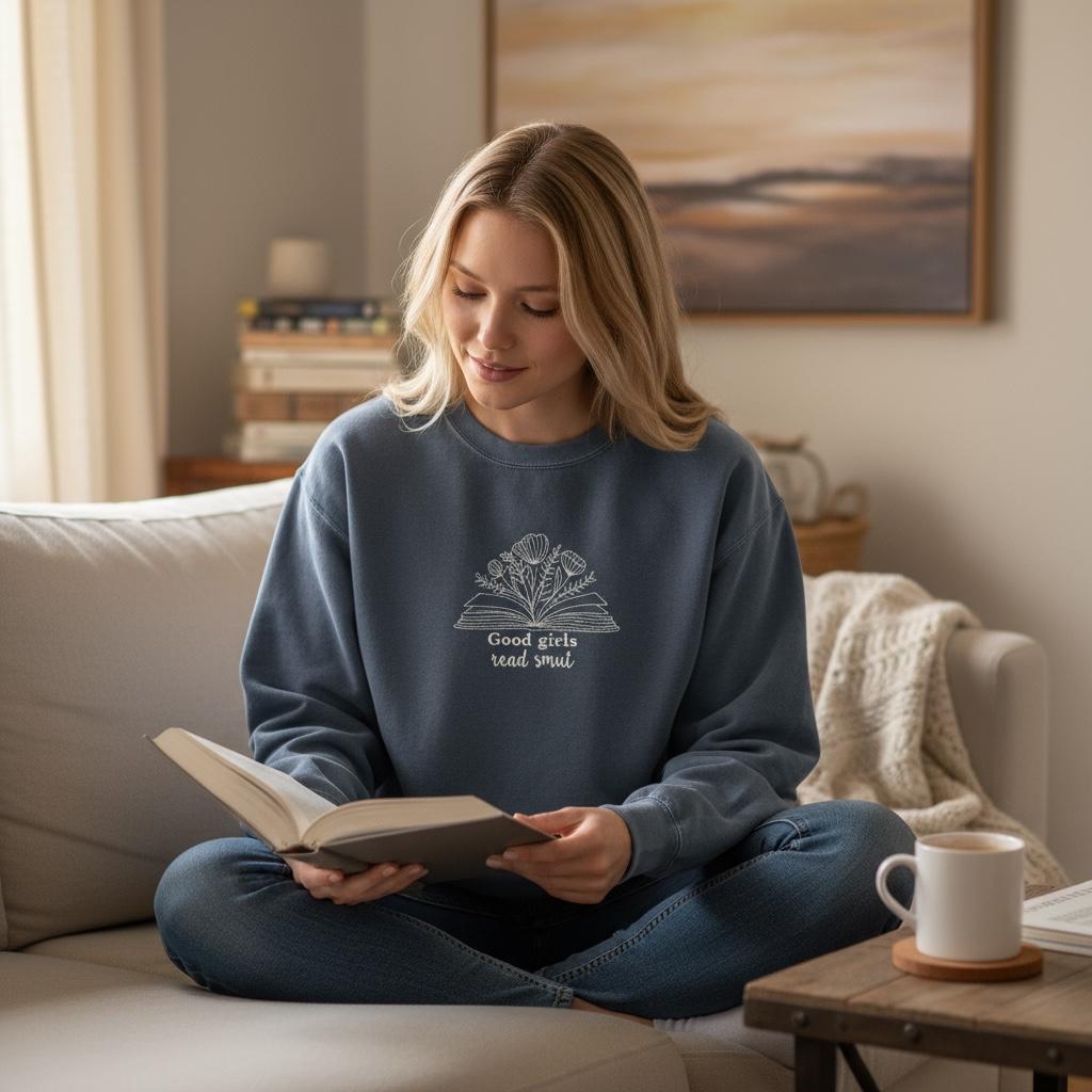 Woman reading a book in a cozy living room with a coffee cup on a small table.