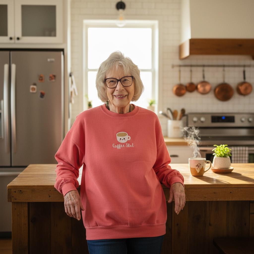 Grandma in a pink sweatshirt standing in a kitchen with a coffee mug and plant on the counter.