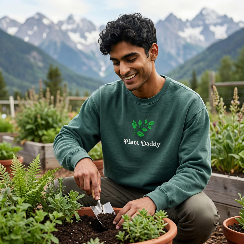 Man in a garden wearing a 'Plant Daddy' sweatshirt with mountains in the background