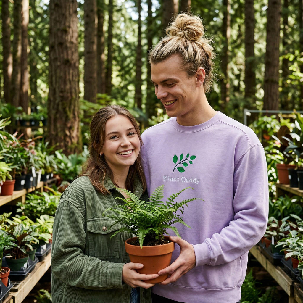Two people holding potted plants in a garden setting. Man wearing a 'Plant Daddy' sweatshirt in a garden setting.