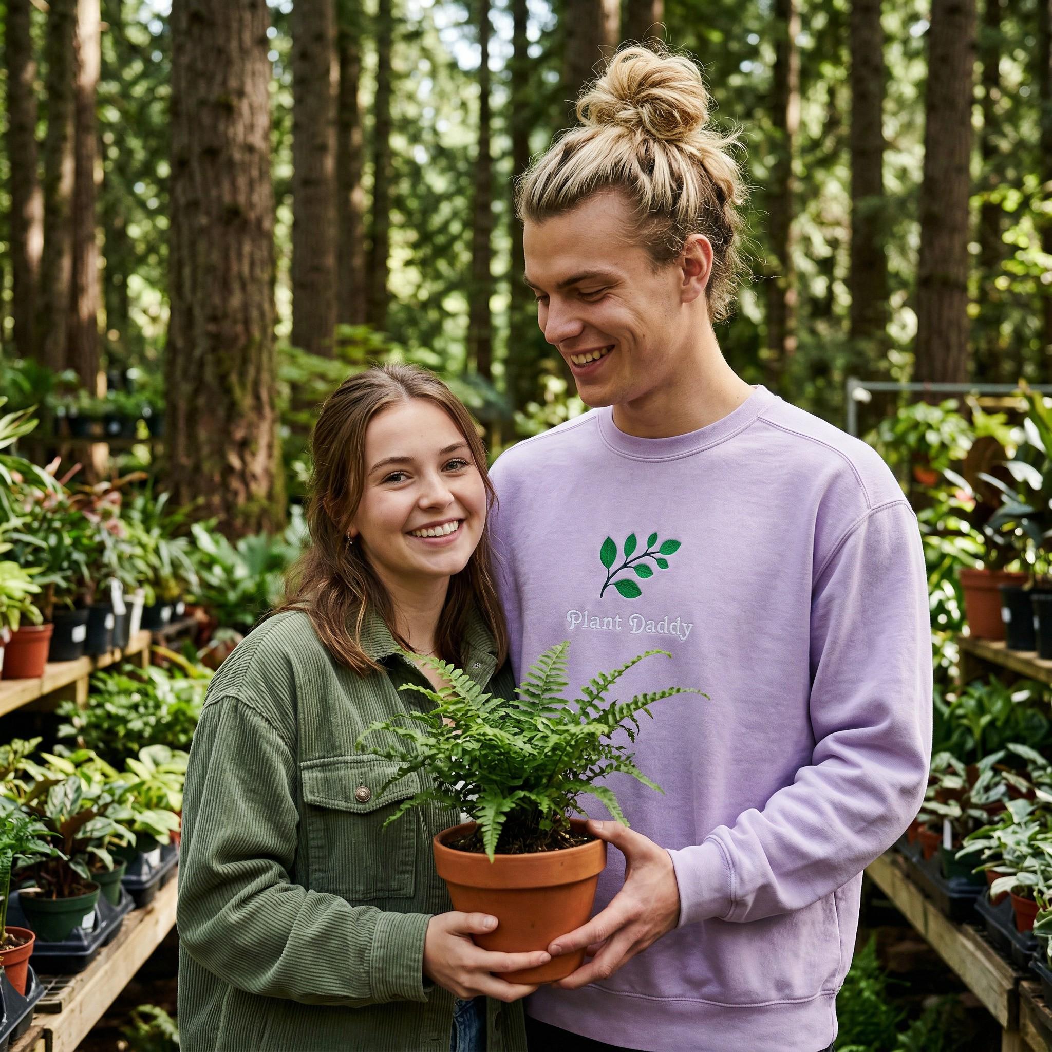 Two people holding potted plants in a garden setting. Man wearing a 'Plant Daddy' sweatshirt in a garden setting.