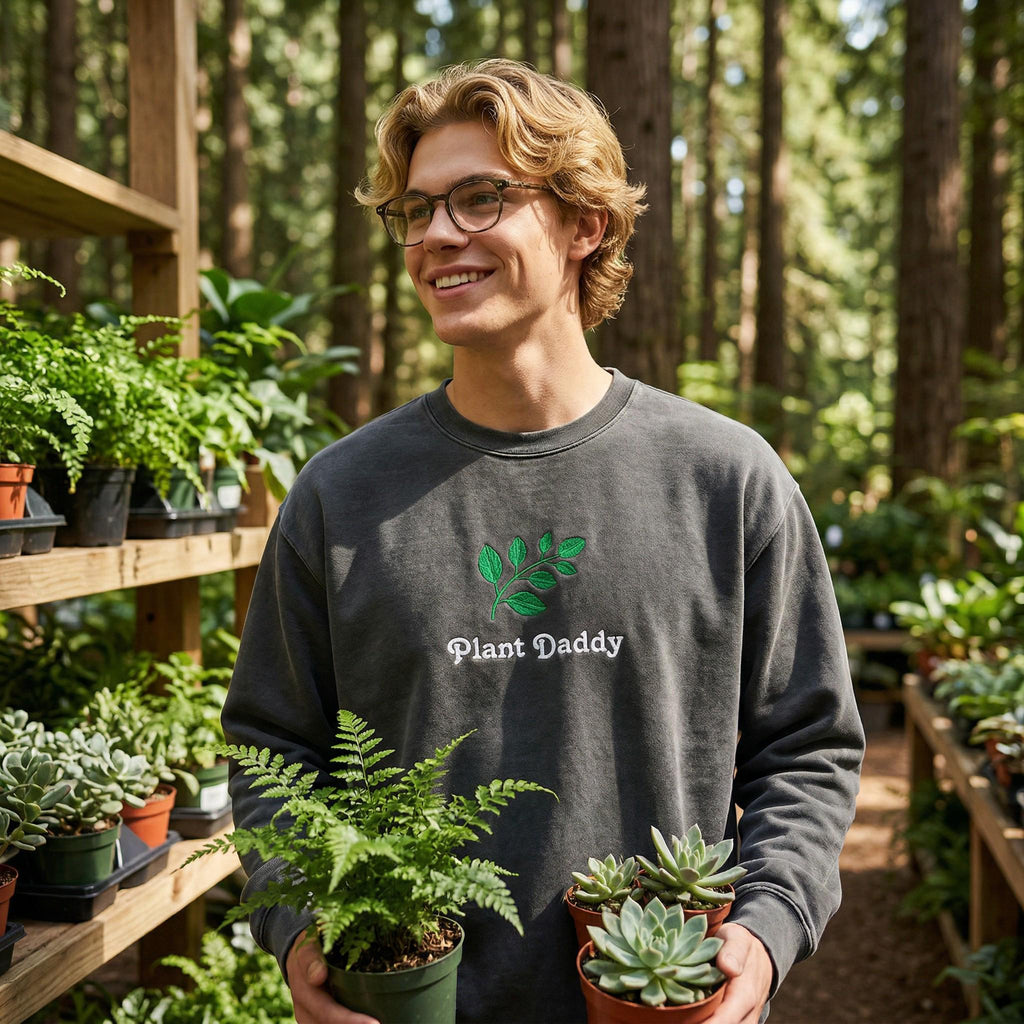Person wearing a 'Plant Daddy' sweatshirt holding plants in a garden setting
