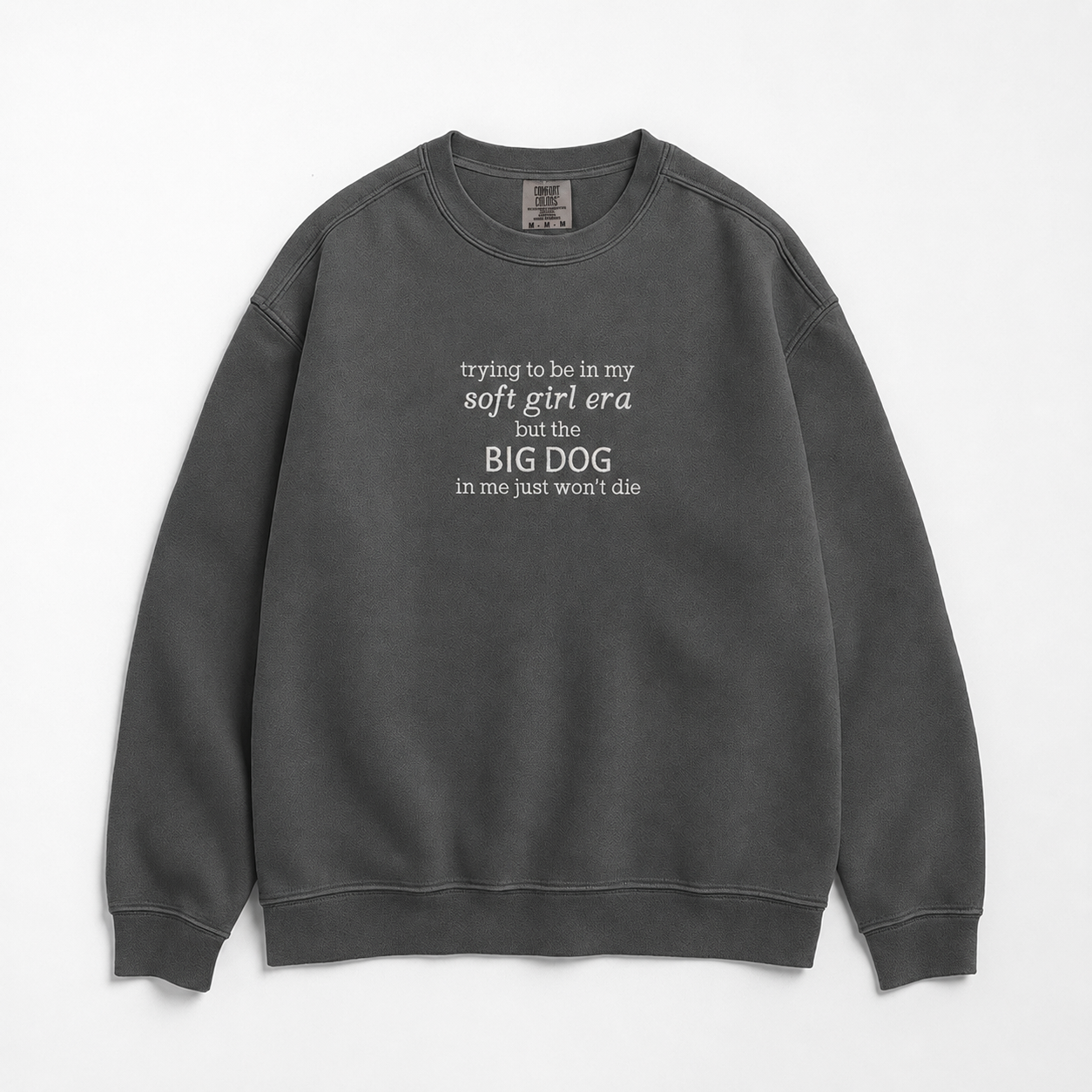 A dark gray crewneck sweatshirt with 'trying to be in my soft girl era but the BIG DOG in me just won't die', displayed flat against a light white background.