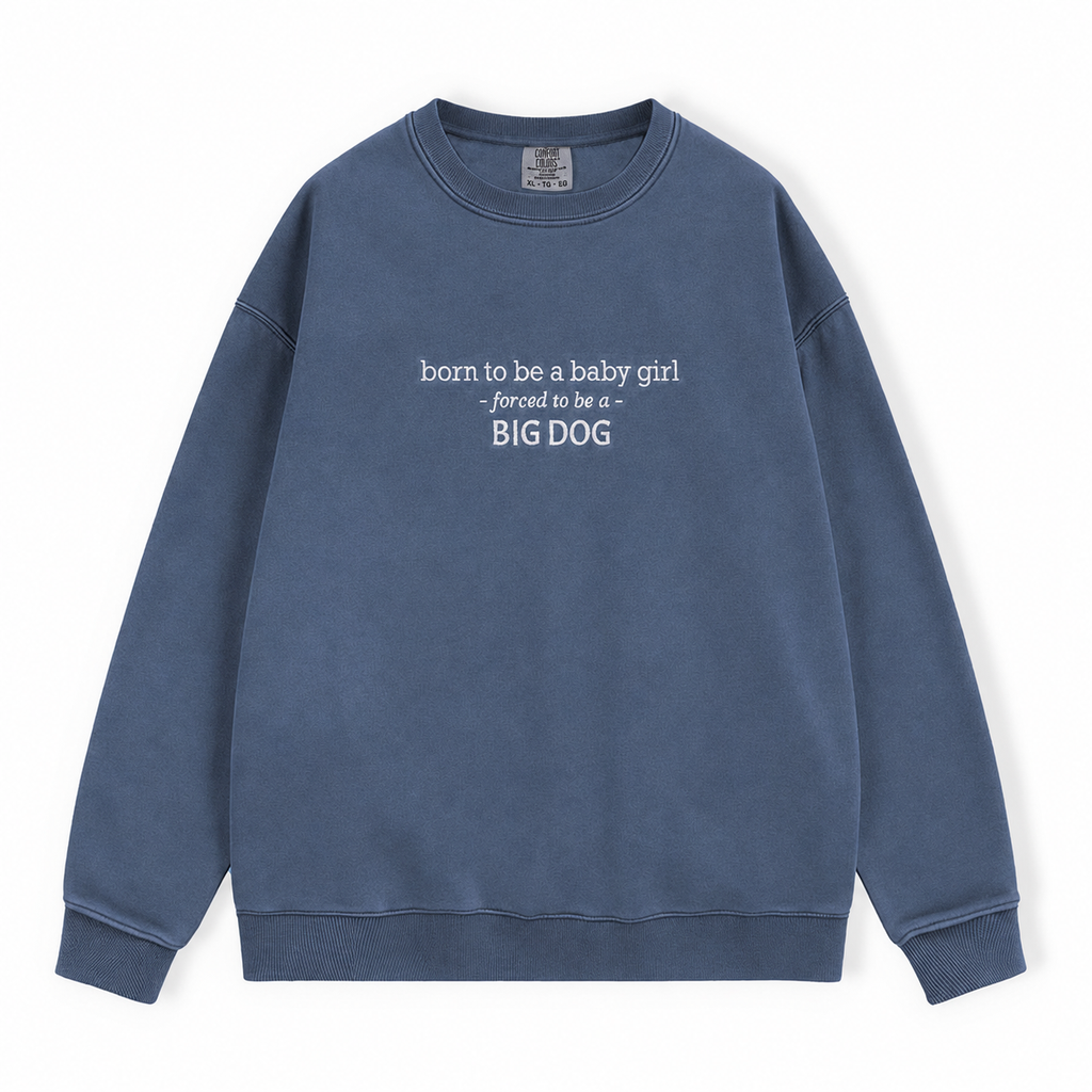 A washed slate blue crewneck sweatshirt with white text on the chest reading 'born to be a baby girl -forced to be a - BIG DOG', displayed flat against a white background.