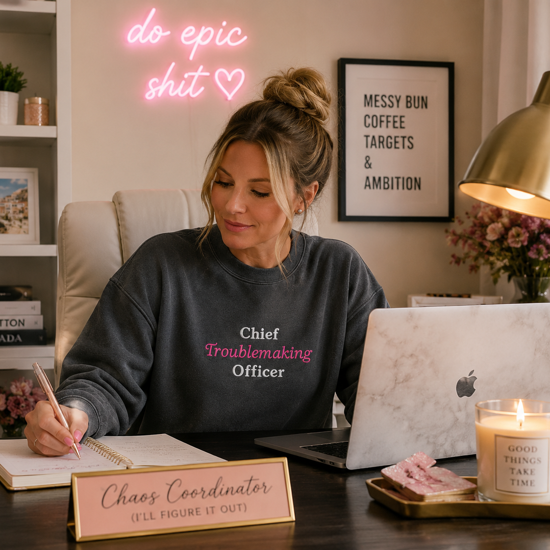 A woman sits at a desk wearing a dark gray crewneck sweatshirt with the text 'Chief Troublemaking Officer' in pink and white. The desk is styled with a laptop, a pink tumbler, a nameplate, and a candle, set against a warm, decorated home office background with a pink neon sign.