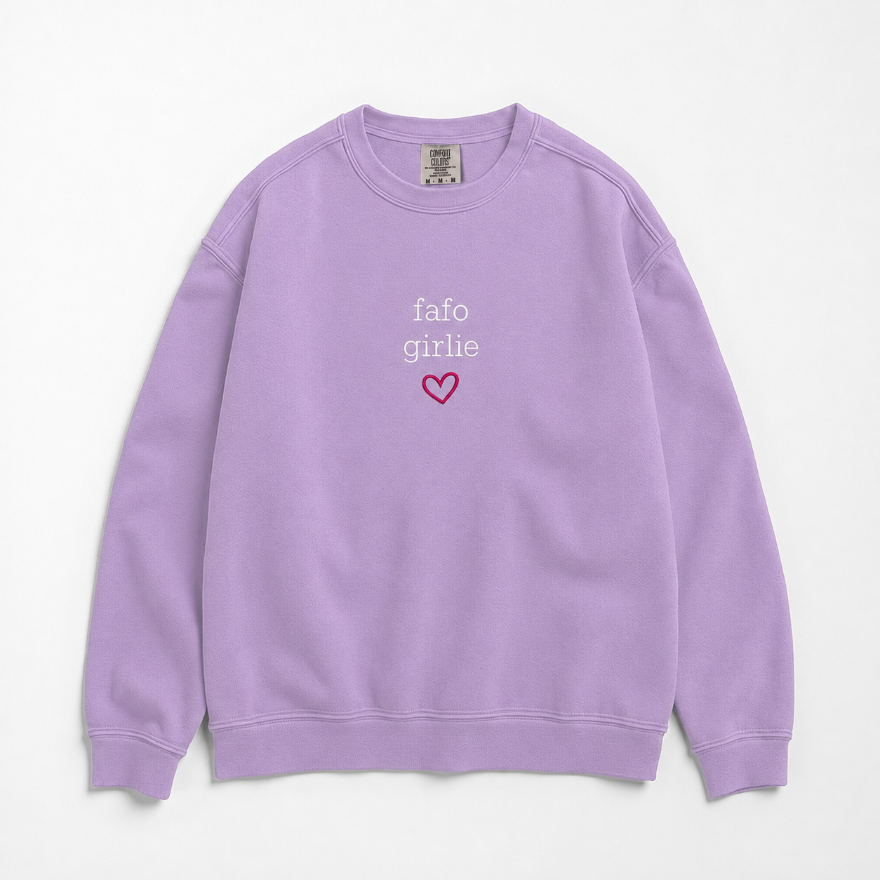 A lavender purple crewneck sweatshirt featuring the text 'fafo girly' in white and a small pink heart outline on the chest, displayed flat against a light off-white background.