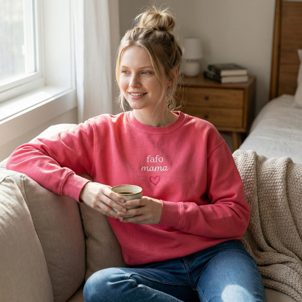 Woman wearing a pink sweatshirt with 'famo mama' text, sitting on a couch holding a mug.