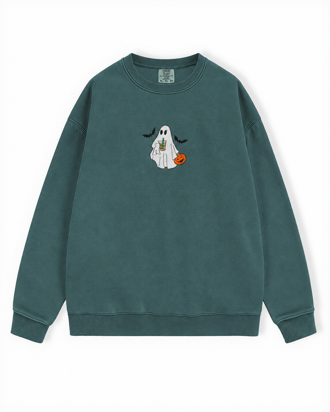 A dark green crewneck sweatshirt featuring a small embroidered Halloween ghost graphic holding an iced coffee and pumpkin on the center chest, surrounded by bats, displayed flat against a white background.
