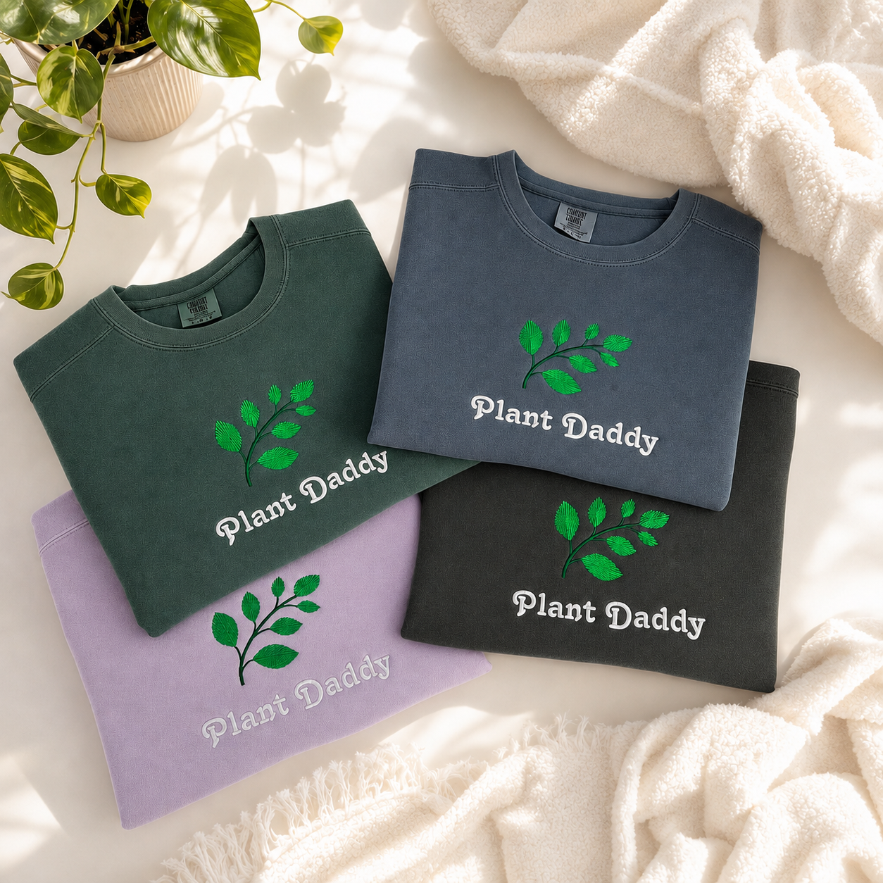 Four folded Plant Daddy sweaters in dark green, slate blue, pepper, and lavender, each with a green leaf graphic and white text, arranged on a light surface with a white blanket and a plant in the background.