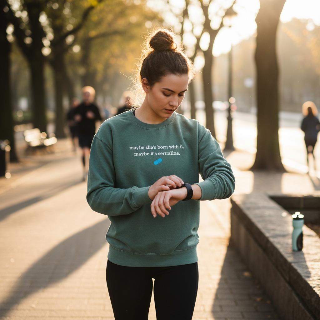 Woman in a green sweatshirt that says "maybe she's born with it, maybe it's sertraline." She is about to go for a run in Central Park.