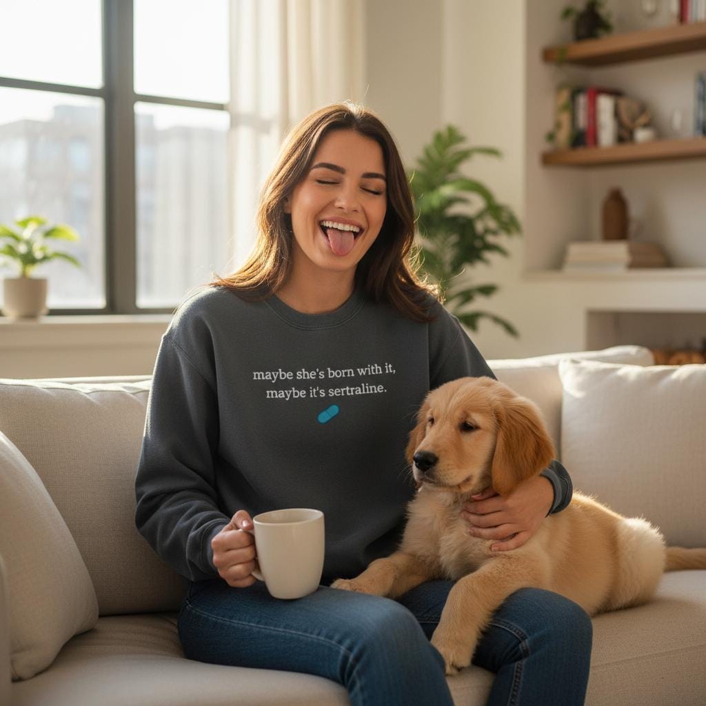Woman sitting on a couch with a puppy and a mug, wearing a sweatshirt that says "maybe she's born with it, maybe it's sertraline."