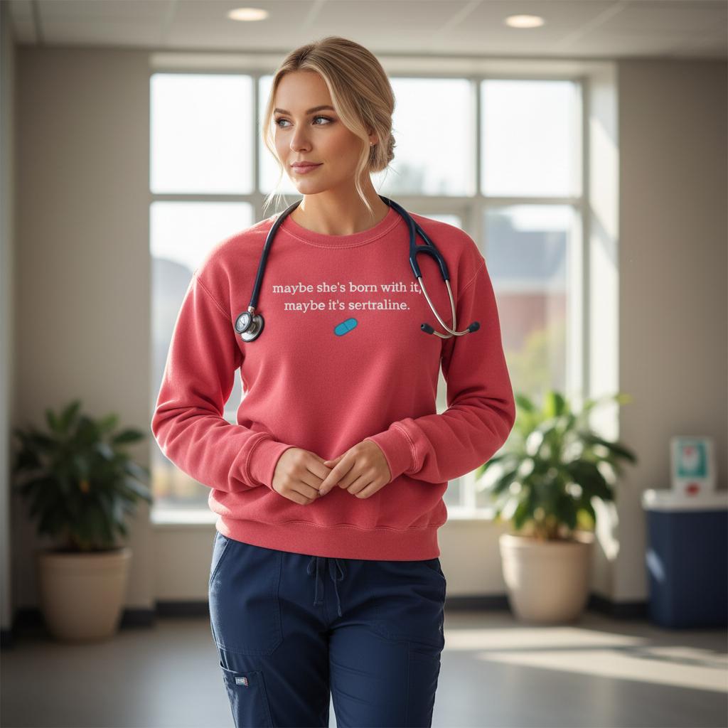 Nurse wearing a pink sweatshirt and a stethoscope. The sweater says "maybe she's born with it, maybe it's sertraline."