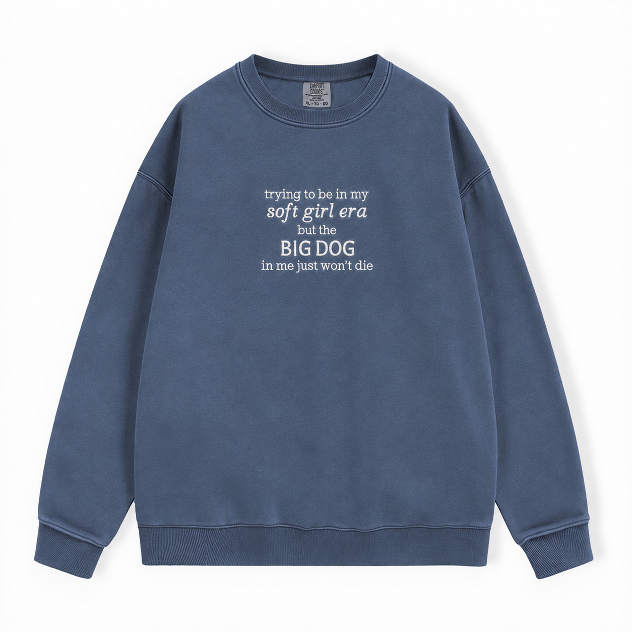 A washed slate blue crewneck sweatshirt with white text on the chest reading 'trying to be in my soft girl era but the BIG DOG in me just won't die', displayed flat against a white background.