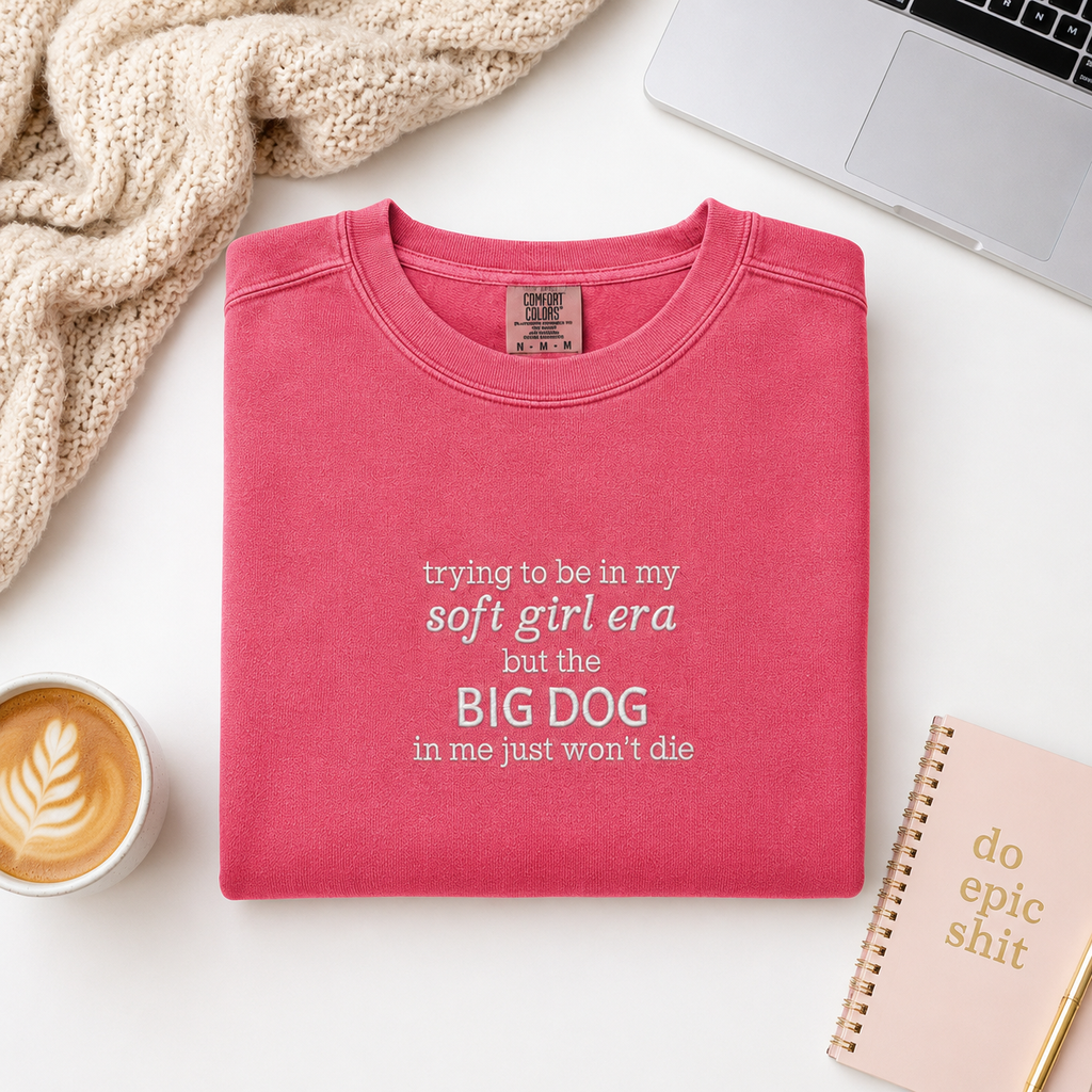 A folded pink crewneck sweatshirt with white text reading 'trying to be in my soft girl era but the BIG DOG in me just won't die' is styled in a flat lay on a white surface with a beige knit blanket, a laptop corner, a cup of coffee, and a pink notebook.