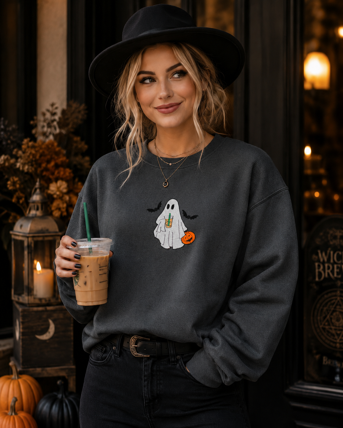 A woman wearing a dark gray crewneck sweatshirt with a cute cartoon ghost graphic holding a pumpkin, styled with a black wide-brim hat and black jeans, holding an iced coffee in a cozy Halloween-themed shop setting.