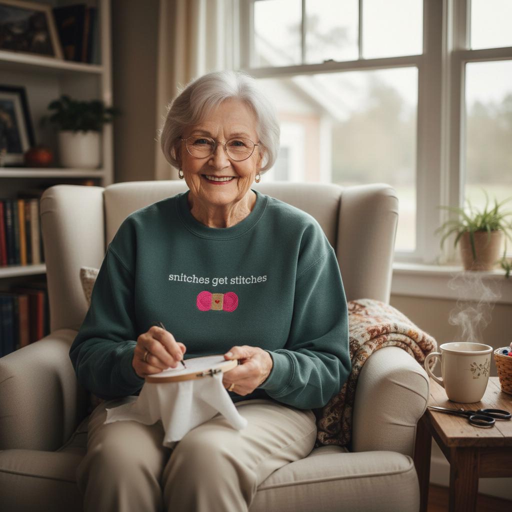 Senior woman  grandma sitting in a cozy living room doing needle point