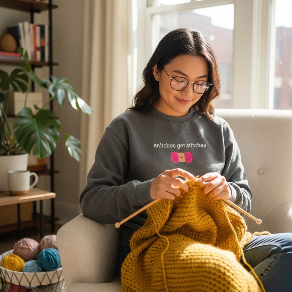 Woman knitting a yellow sweater in a cozy living room.